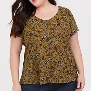 New Torrid Womens 3X Top Georgette Zip Front Olive Paisley Blouse